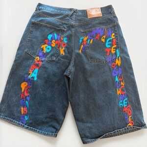 Vintage Evisu Y2K Denim Jean Shorts Blue Size 38 Embroidered Logo Japan Jorts